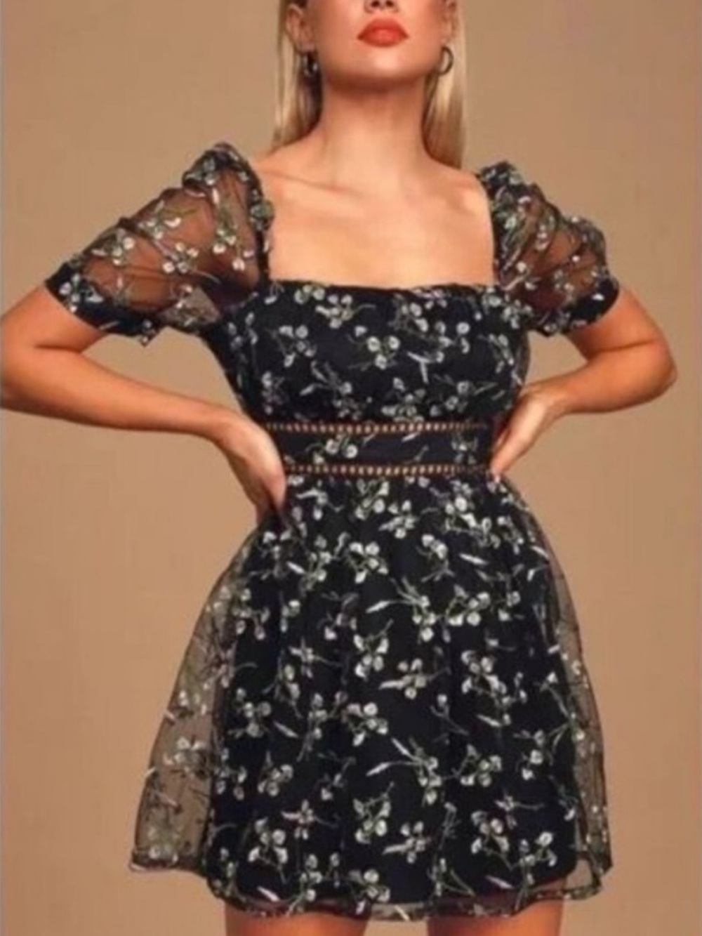 NWOT Lulus Radiant Love Black Floral Embroidered Short Sleeve Dress, Small